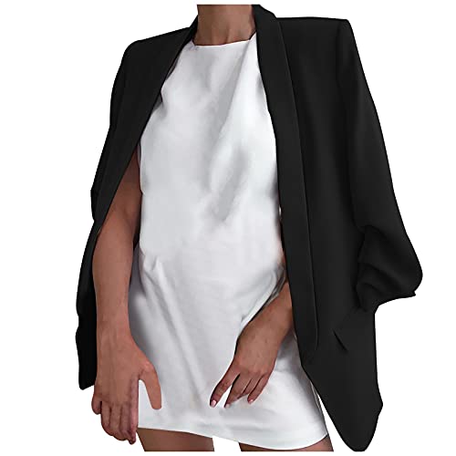 Blazer Damen Sommer Weiss Einfarbig Langarm Open Front Jacke Anzug Klassisch Business Büro Sakko Oversize Dünn Sommerjacke(Schwarz,XL) von LUNULE