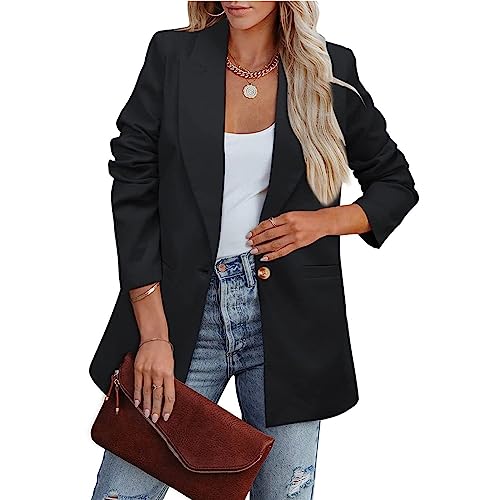 Blazer Damen Sportlich Damen-Mäntel Einfarbig Revers Langarm Sakko Arbeit Büro Knopf Open Front Jacke Anzug Longblazer Sommer Leicht(Schwarz,M) von LUNULE
