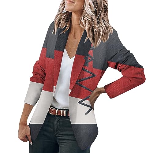 Blazer Damen Sportlich Elegant Drucken Langarm Knöpfen Jacke Anzug Casual Open Front Jacket Arbeit Büro Jacken Beige Sommerjacke Leicht(Red,L) von LUNULE
