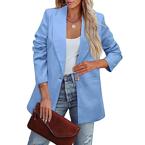Blazer Damen Sportlich Longblazer Einfarbig Revers Langarm Sakko Arbeit Büro Knopf Open Front Jacke Anzug Mantel Kurz(Himmelblau,XL) von LUNULE