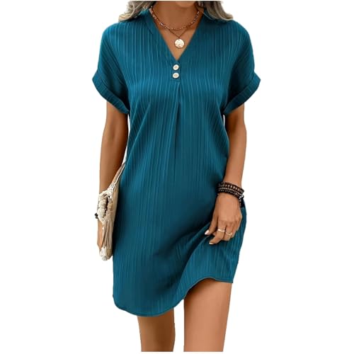 Blusenkleid Damen V-Ausschnitt Kurzarm Musselin Kleid Mit Knöpfen Boho A-Linie Kleider Leicht Freizeitkleid Sommer Knielang Shirtkleid(Turquoise,L) von LUNULE