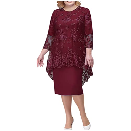 Cocktailkleid Damen Feen Kostüm Erwachsene Herbstkleid Elegant Übergröße Blumendruck Spitze Patchwork 2 Teiler Midikleid Rundhals 3/4 Ärmel Knielang Overall von LUNULE