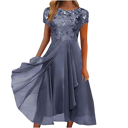 Cocktailkleid Damen Kleid Damen Elegant Lang Musselin Kleid Damen Rotes Kleid Damen Elegant Spitze Patchwork Chiffon Kleider Rundhals Mittlerer Ärmel Swing Minikleid Anzug Damen (Gray, M) von LUNULE