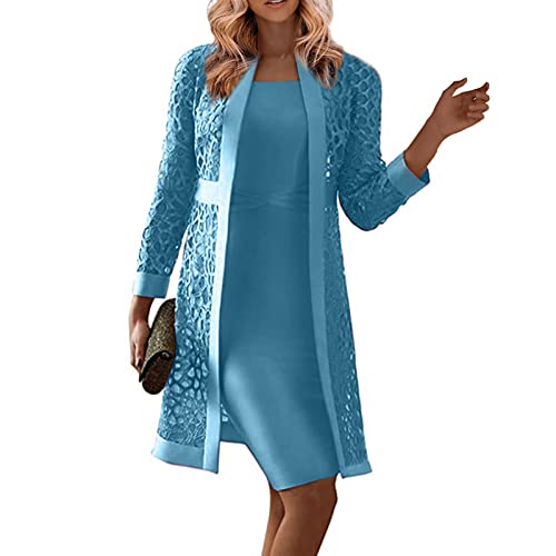 Cocktailkleid Damen Schwarzes Kleid Kleid FüR Damen Kleid Zweiteiler Frauen 2 Pcs Einfarbig Brautjungfernkleider Square Neck ÄRmellos Knielang Kleid Mit Spitzen Langarm Jacke Kleid Blumen (Blau, M) von LUNULE