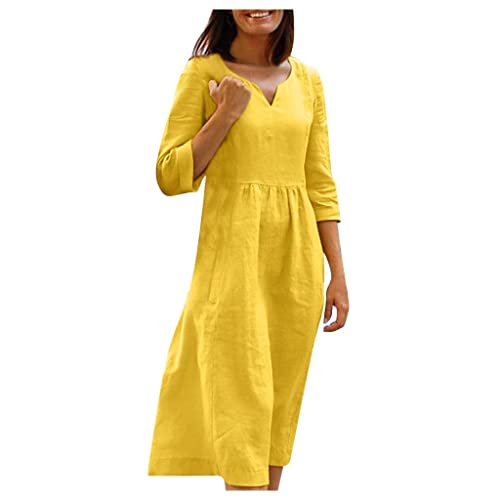 Damen Kleid Sommer Brautjungfernkleider Wickelkleid Damenfrauen Einfarbig V-Ausschnitt 3/4 ÄRmel Leinenkleider Knielang Elegant Baumwolle Leinen Midikleid Kleid Brautjungfer Damen (Gelb, M) von LUNULE