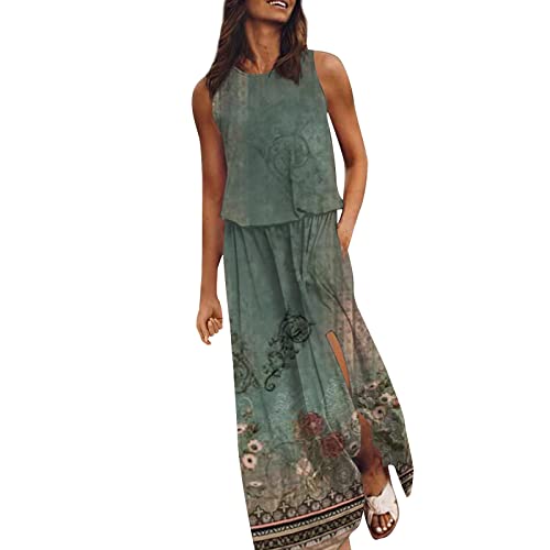 Damen Kleider Sommer Kleider Hochzeitsgast Damen Kleid Lang Sommer Frauen Vintage Blumendruck Rundhals ÄRmellos Schlitz Falten Swing Midikleid Sommer Schlitz Sexy Slim Kleider Damen (Green, L) von LUNULE