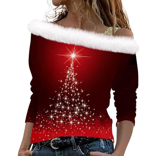 Damen Langarmshirt Sweatshirt Christmas Langarmshirt Damen Sport Aesthetic Clothes Weihnachten 3D Druck Plüsch Schulterfrei Langarm Pulli Shirt Mit Schulterriemen Xmas Warmer Hausanzug (Blue, M) von LUNULE