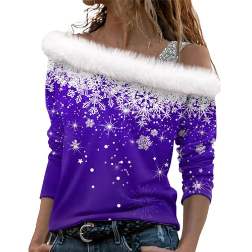 Damen Pullover Damen Sweatshirt Pullover Ohne Kapuze Basic Rundhals Langarmshirt Polo Shirt Klamotten Weihnachten 3D Druck Plüsch Schulterfrei Langarm Pulli Shirt Mit Schulterriemen Xmas Sweatjacke von LUNULE