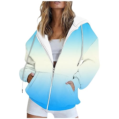 Damen Sweatjacke Sweatshirtjacke Mit Kapuze Gradient Langarm Sweatshirt Jacke Zipper Kapuzenjacke Sport Oversize Hoodie Jogging(Light Blue,S) von LUNULE