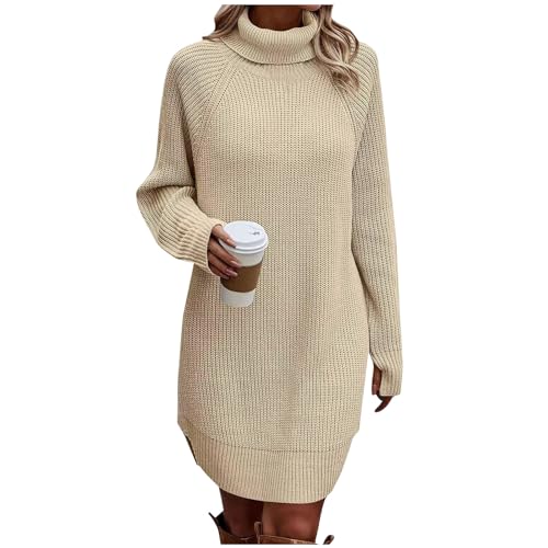 Elegante Kleider Damen Konfirmationskleider Pailletten Kleid Einfarbige Rollkragen Langarm Strick Frauen Gestrickte Knielang Casual Locker Pulli Abendkleider Große Größen von LUNULE