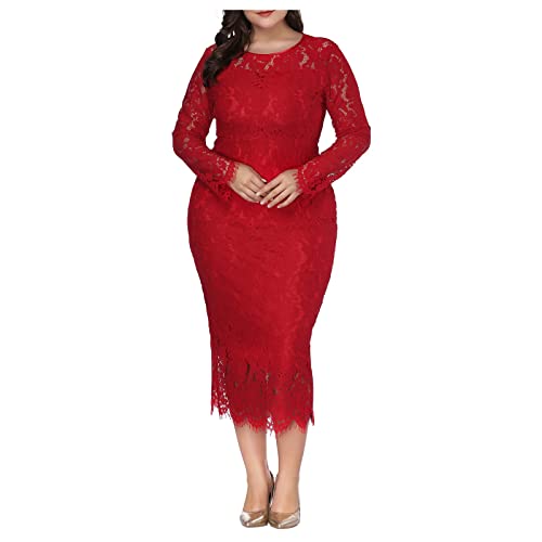 Fasnachtskostüme Damen Body Silber Metallic Damen Spitzenkleid Große Größen Cocktailkleid Langarm Ballkleid Hohe Taille A-Linie Kleid Rundhals Abendkleider Volant Maxikleid Tunika Kleider Rot XL von LUNULE
