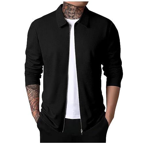 Field Jacket Herren Steppjacke Herren Übergangsjacke Trachtenjacken & -Strickjacken Leichte Dünne Waffel Einfarbig Revers Sweatjacke Mit Reißverschluss Casual Slim Fit Fleece Jacke (Schwarz, 3XL) von LUNULE