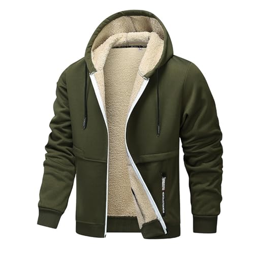 Fleece Hoodie Herren Mit Reißverschluss Langarm Sweatjacke Gefütterte Warm Winterjacke Bequemes Jacke Regular Fit(Armeegrün,M) von LUNULE