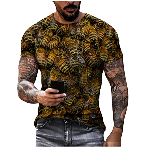 Freizeithemden FüR Herren Axelshirt Herren Business Herren MäNner Bienenfest 3D Vintage Biene Drucken Rundhalsausschnitt Kurzarm Shirt Bienenwabe Muster Summer Leder Crop Top (Brown, XL) von LUNULE