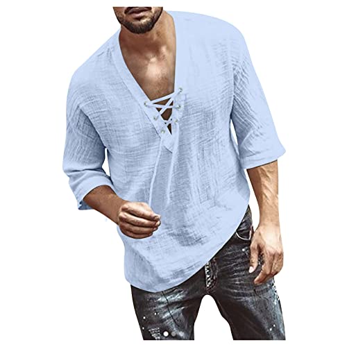Funktionsshirt Herren Oversized Tshirt Hemd Slim Fit Mittelalter Vintage Baumwolle Leinen Schnürhemd V-Ausschnitt 3/4 Ärmel Basic Henley T Shirt Schwarz von LUNULE