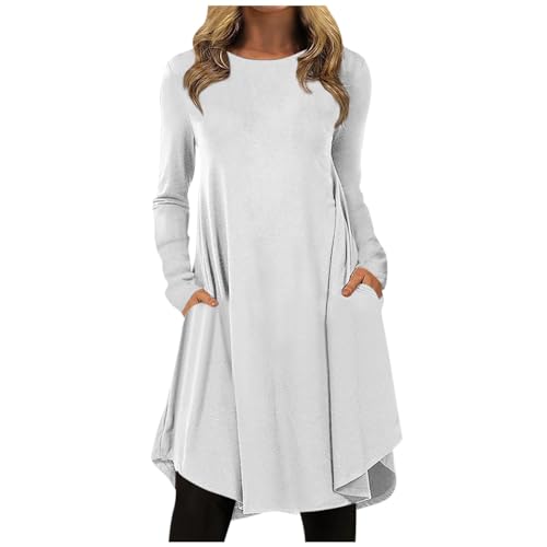 Glitzerkleid Damen Tunika Sommer Kleid Mädchen Festlich Glitzer Einfarbig Rundhals Langarm Swing Pulloverkleid Mit Tasche Casual Locker Blusen Unterrock von LUNULE