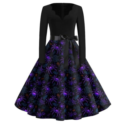 Halloween Kostüm Damen Halloween Aufdruck V-Ausschnitt Langarm Partykleid Elegant Swing Ballkleid Kürbis Fledermaus Hexe Print Cocktailkleid 50er Rockabilly Petticoat Abendkleider (Dark Purple,3XL) von LUNULE