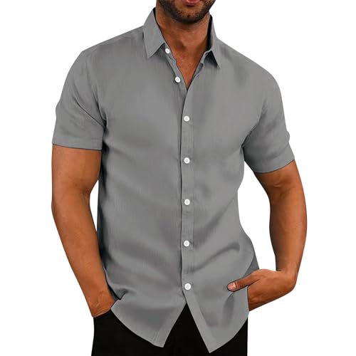 Hawaiihemd Herren Kurzarmhemd Basic Tops Arbeitshemd Baumwolle Leinen Hemd Einfarbig Button Down Kurzarm Hemden Männer Regular Fit von LUNULE