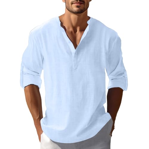 Hemd Herren Kurzarm Einfarbig Baumwolle Leinen Vintage Button Down Henley Shirts Regular Fit Businesshemd Casual Leicht Sommerhemd Bequeme Freizeithemd von LUNULE