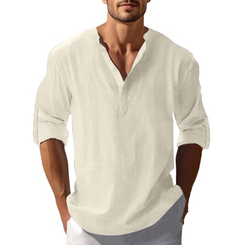 Hemd Herren Langarm Einfarbig Baumwolle Leinen Vintage Button Down Henley Shirts Regular Fit Businesshemd Casual Leicht Sommerhemd Bequeme Freizeithemd von LUNULE