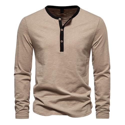 Hemd Herren Langarm Sport Tshirts Herren Sweatshirts Für Herren Freizeithemd Herren Männer Farbblock Button Down Rundhals Langarm Basic Henley Shirt Shirt Herren Langarm (Khaki, XL) von LUNULE