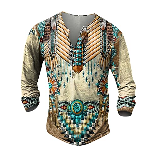 Hemd Herren Troyer Herren Shirt Langarm Herren 3D Druck Henley Shirt Freizeit Distressed Henley Hemd Indian Tribal Langarmshirt mit Knopfleiste V-Ausschnitt Sportshirt Outdoor Tactical Tshirts Gelb L von LUNULE