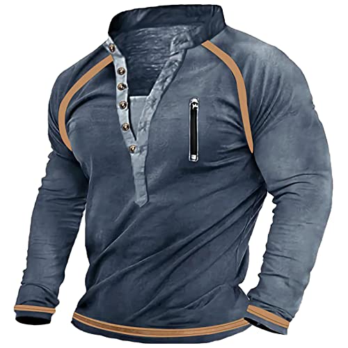 Hemd Herren Troyer Herren Vintage V-Ausschnitt Henley Shirt Einfarbig Distressed Sweatshirt Langarmhemd mit Knopfleiste, Tasche Casual Pullover Herren Tactical Tops Royal Blau XL von LUNULE