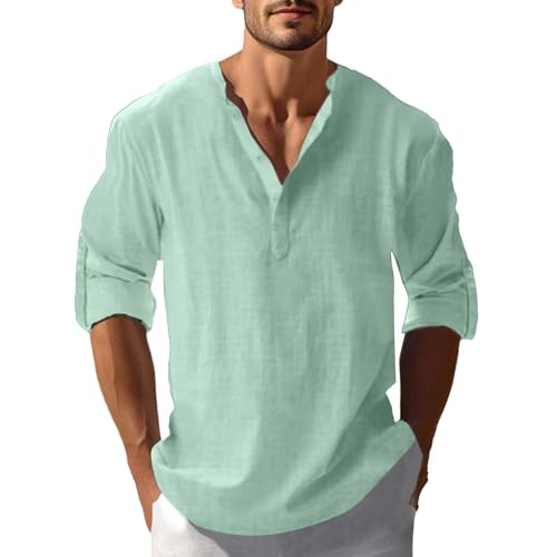 Hemd Kurzarm Herren Einfarbig Baumwolle Leinen Vintage Button Down Henley Shirts Regular Fit Businesshemd Casual Leicht Sommerhemd Bequeme Freizeithemd von LUNULE