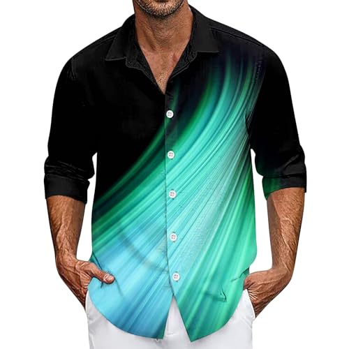 Hemden Herren Langarm Gym Shirt Herren Arbeitspullover Herren Long Sleeve Shirt Gradient Herrenhemd Button Down Revers Langarmhemd 3D Druck Hemden Schwarz Tshirt Herren (Green, 4XL) von LUNULE