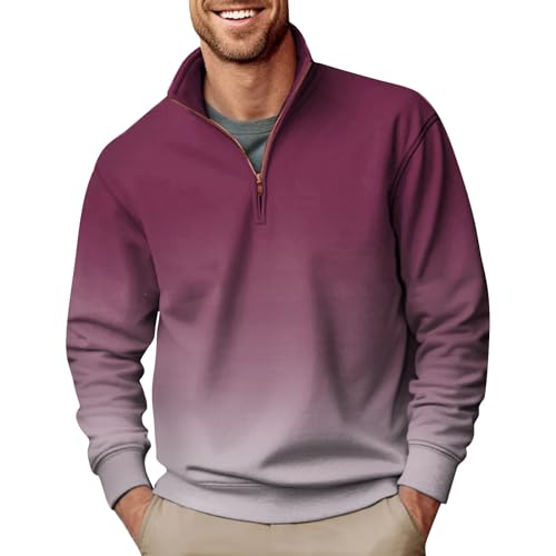 Hemden Herren Langarm Sport Shirt Männer Gym Tshirt Herren Hemd Herren Leinen Einfarbig Stehkragen Langarm Basic Sweatshirt Mit Reißverschluss Lässige Langarmshirt Schwarz Herren (Purple Pink, 4XL) von LUNULE