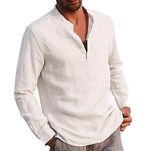 Hemden Herren Langarm Weißes Hemd Herren Strickpullover Herren Lauf Shirts Herren Einfarbig Baumwolle Leinen Henley Shirt Mit Stehkragen Sommer Langarm/Kurzarm Freizeithemd Wearable Blanket (White, L) von LUNULE