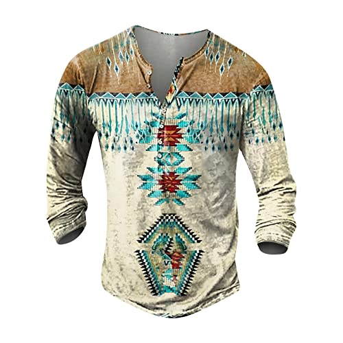 Herren Hemd Poloshirt Herren Henley Shirt Herren Langarm 3D Druck Henley Shirt Freizeit Distressed Henley Hemd Indian Tribal Langarmshirt Knopfleiste V-Ausschnitt Sportshirt Outdoor Tactical Tshirts von LUNULE