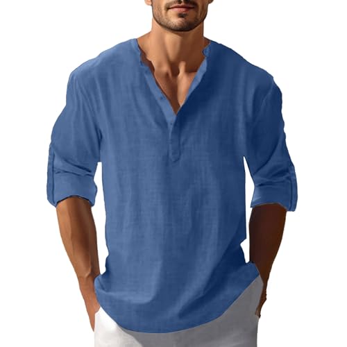 Herren Leinenhemd Einfarbig Baumwolle Leinen Hemd Vintage Button Down Henley Shirts Regular Fit Businesshemd Casual Leicht Sommerhemd Bequeme Freizeithemd von LUNULE