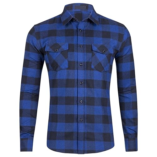 Herren Leinenhemd Slim Fit Kariert Button Down Revers Hemden Mit Taschen Freizeithemd Leicht Bügelfreie Oversize Hemd (Blau,L) von LUNULE