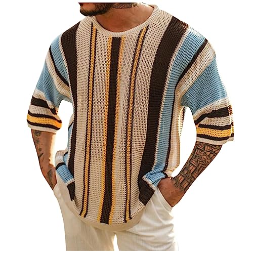 Herren Pullover Hemd Weiss Herren Slim Fit Hemd Herren Kurzarm Männer Gestreiftes Strick Rundhals 3/4 Ärmel Basic T-Shirt Sweater Casual Regular Fit Pärchen Pullover (Schwarz, M) von LUNULE