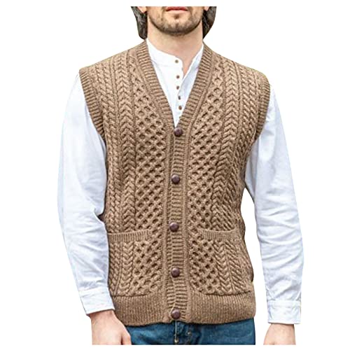 Herren Strickwesten Einfarbig Cardigan Mit Zopfmuster V-Ausschnitt Ärmellos Troyer Mit Knopfleiste Männer Strickjacke Mit Tasche Pullunder Weste Regular Fit Warm Pulli Herbst Strickpulli Vest von LUNULE