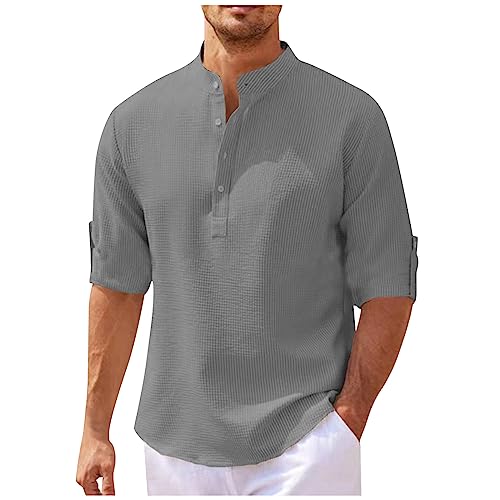 Herren Unterhemden Fitness Tshirt Herren Muskelshirt MäNner Waffel Einfarbig Henley Shirt Stehkragen Halber ÄRmel Basic Tshirts Sommer Slim Fit Sixpack Shirt (Grau, XXL) von LUNULE