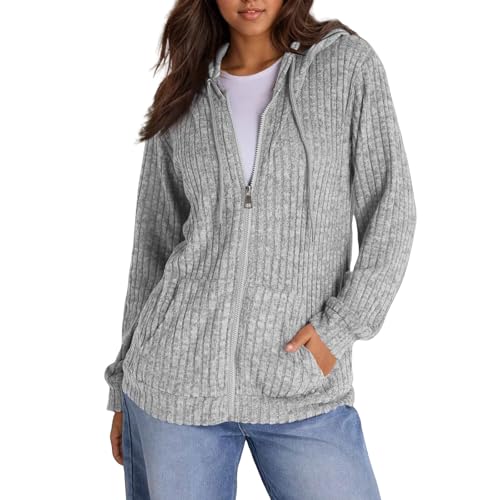 Hoodie Damen Sweatjacke Mit Kapuze Herbst Winter Langarm Hoodie Jacke mit Reißverschluss Einfarbig Basic Kapuzenjacke Oversize Pullover Sport Style Kapuzenpullover Bequeme Sweatshirt (Gray,M) von LUNULE