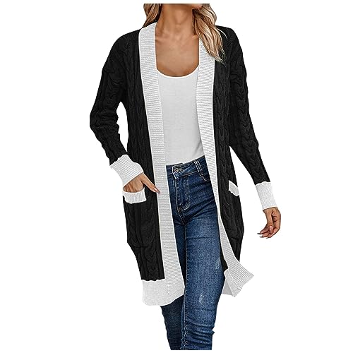 Hoodie Oversize Softshelljacke Damen Oversize Hoodie Damen Fleece Jacke Damen Frauen Elegant Patchwork Langarm Grobstrick Jacke Warmer Pullover Damen (Schwarz, M) von LUNULE