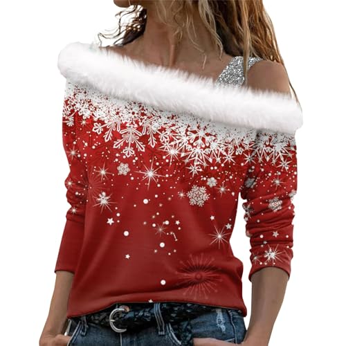 Hoodies Für Damen Weihnachtskleid Rückenfreies Oberteil Oberteil Damen Elegant Weihnachten 3D Druck Plüsch Schulterfrei Langarm Pulli Shirt Mit Schulterriemen Xmas Shirt Damen Langarm (Vermilion, M) von LUNULE