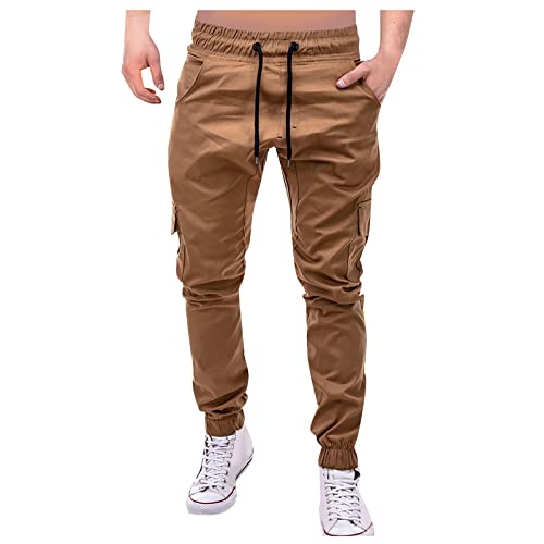 Hosen Herren, Chino Cargohose Herren Breite Jogginghose Herren Einfarbige Cargo Hose Casual Kordelzug Cargohose Elastische Freizeithose Mit Tasche Latzhose Jeans Herren Army Shirt(Khaki,L) von LUNULE