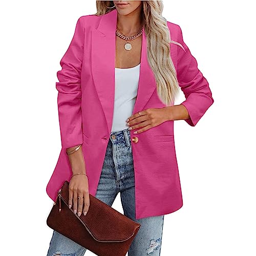 Jacke Damen Sommer Einfarbig Revers Langarm Blazer Sakko Arbeit Büro Knopf Open Front Anzug Lang Blauer(Rosa,XL) von LUNULE