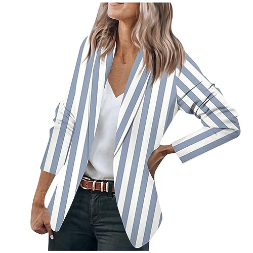 Jacke Damen Sommer Gestreiftes Langarm Anzug Casual Knopf Open Front Jacket Business Blazer Leicht Leichter Sommerblazer(Dark Blue,L) von LUNULE