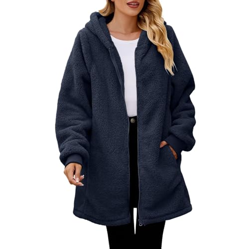 Jacken Damen Teddy Fleecejacke Einfarbig Langarm Plüschjacke Mit Reißverschluss Casual Warm Fleece Mantel Kapuzenjacke Womens Jacket Pullover(Marine,L) von LUNULE
