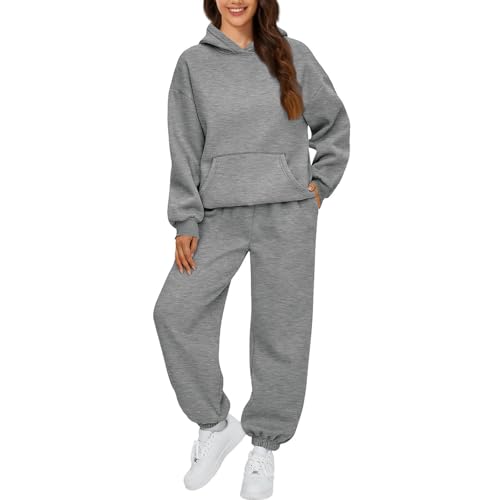 Jogginganzug Damen Set Elegant Langarm Trainingsanzug Sport Hosenanzug Damen Casual Hoodie Und Jogginghose 2 Teilig Outfit Outdoor Sportanzug Warm Hausanzug Bequeme Freizeitanzug (Dark Gray,XXL) von LUNULE