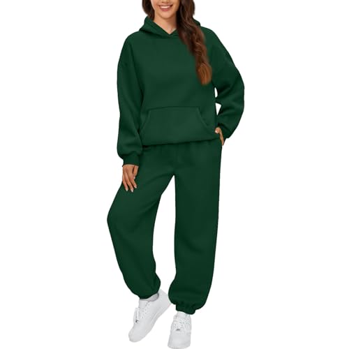 Jogginganzug Damen Set Elegant Langarm Trainingsanzug Sport Hosenanzug Damen Casual Hoodie Und Jogginghose 2 Teilig Outfit Outdoor Sportanzug Warm Hausanzug Bequeme Freizeitanzug (Dark Green,M) von LUNULE
