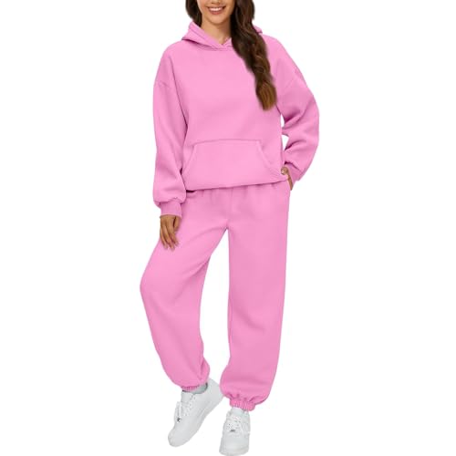 Jogginganzug Damen Set Elegant Langarm Trainingsanzug Sport Hosenanzug Damen Casual Hoodie Und Jogginghose 2 Teilig Outfit Outdoor Sportanzug Warm Hausanzug Bequeme Freizeitanzug (Hot Pink,L) von LUNULE