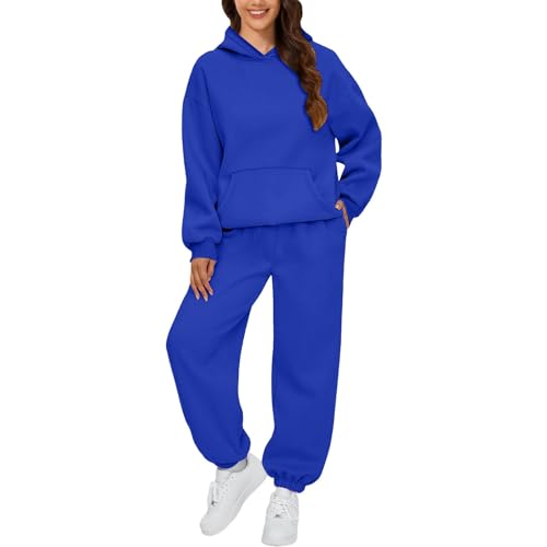 Jogginganzug Damen Set Elegant Langarm Trainingsanzug Sport Hosenanzug Damen Casual Hoodie Und Jogginghose 2 Teilig Outfit Outdoor Sportanzug Warm Hausanzug Bequeme Freizeitanzug (Royal Blue,M) von LUNULE