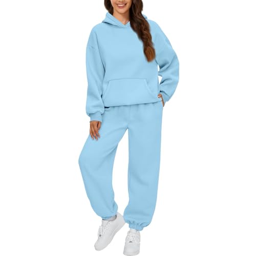 Jogginganzug Damen Set Elegant Langarm Trainingsanzug Sport Hosenanzug Damen Casual Hoodie Und Jogginghose 2 Teilig Outfit Outdoor Sportanzug Warm Hausanzug Bequeme Freizeitanzug (Sky Blue,S) von LUNULE