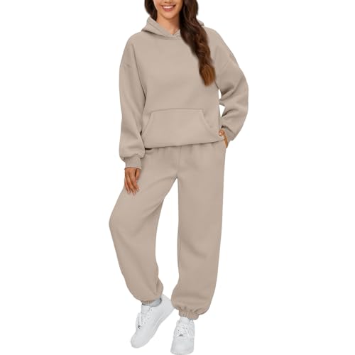 Jogginganzug Damen Set Elegant Langarm Trainingsanzug Sport Hosenanzug Damen Casual Hoodie Und Jogginghose 2 Teilig Outfit Outdoor Sportanzug Warm Hausanzug Bequeme Freizeitanzug Tracksuit (Beige,S) von LUNULE